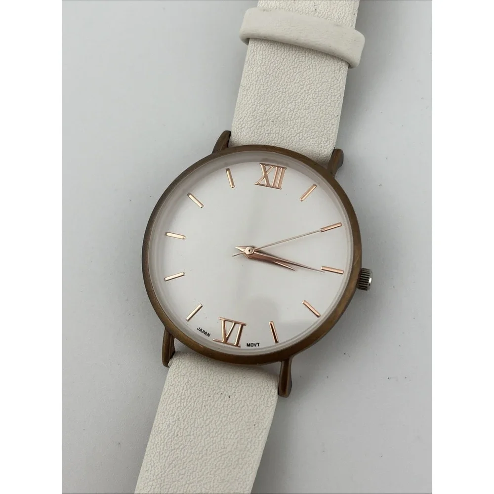 QRTZ Watch Women 36mm Brone Case White Faux Leather Band- New Battery